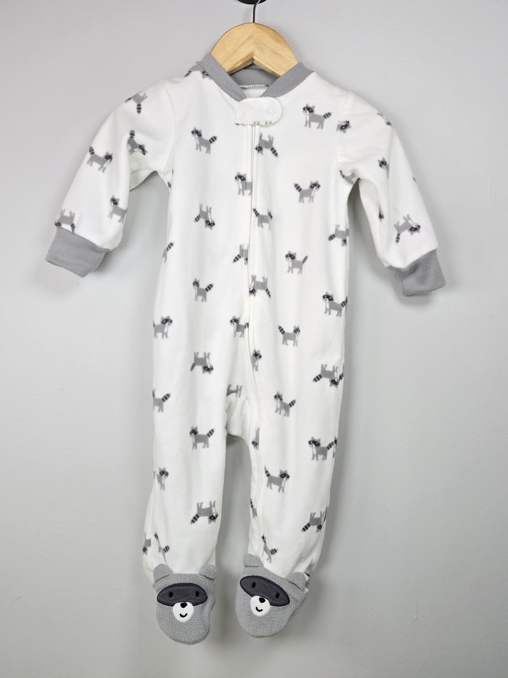 Carter's White Footed One-Piece with Gray Raccoon Print Fleece 6M